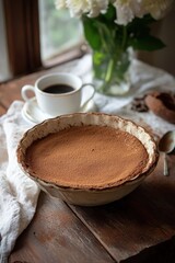 Fototapeta premium A cozy setting featuring a chocolate pie, coffee, and flowers on a wooden table.