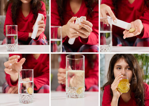 Woman opening medicine tube, preparing effervescent tablet in water, and drinking, all in cozy home atmosphere. Symptom and treatment. Concept of medicine, pharmaceutical, marketing. Ad