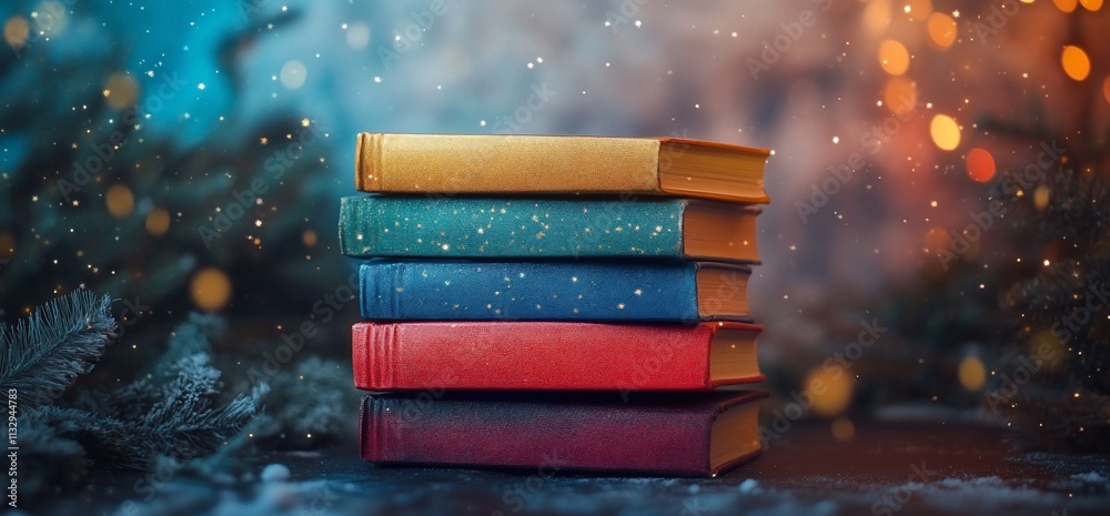 Poster A stack of colorful books with a festive background and soft lighting.