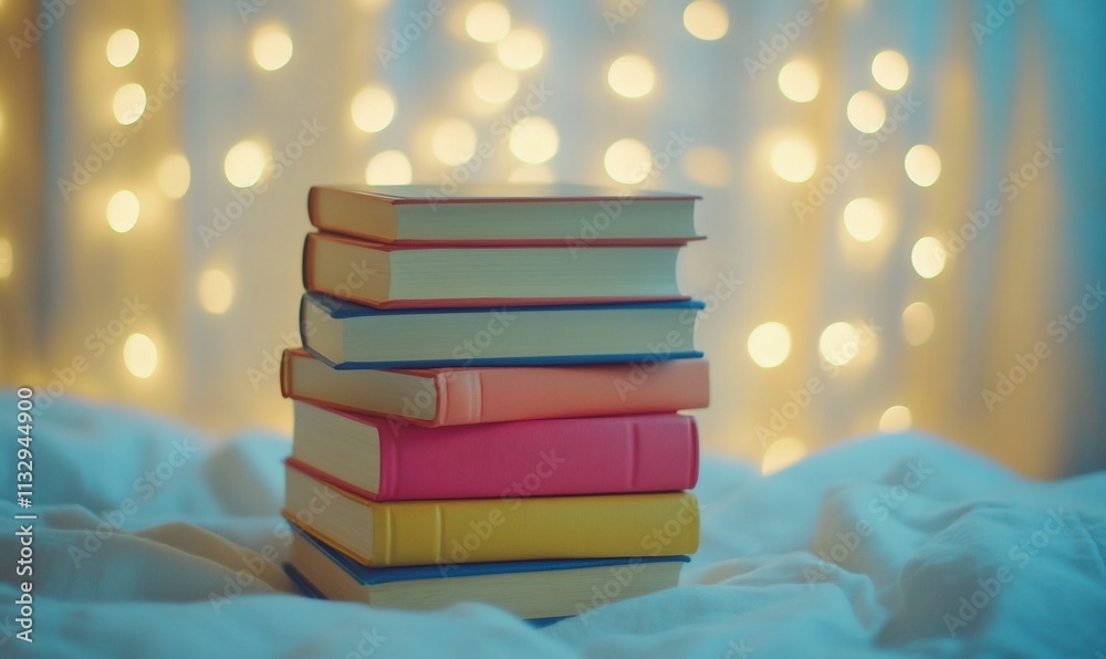 Poster A stack of colorful books on a bed with soft glowing lights in the background.