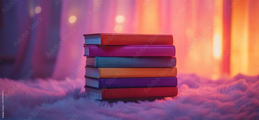 Poster A stack of colorful books on a soft surface with a warm, ambient background.