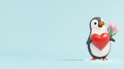 Obraz premium A cute penguin holds a heart and a flower, set against a light blue background, conveying love and affection.