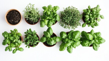 Obraz premium A row of potted plants with basil and other herbs. The plants are in different sizes and are in various pots