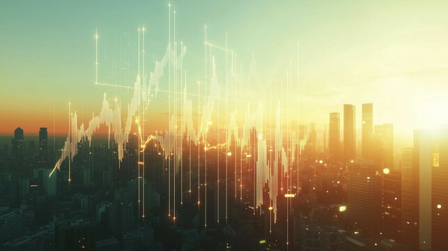 Stock market graph with upward trend,rising stock prices,backdrop of skyscrapers, financial growth