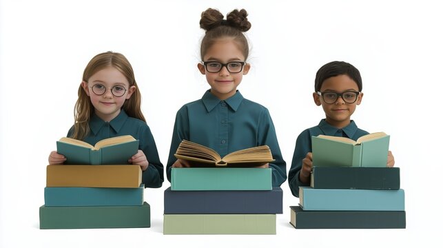 Diverse group of children reading books together in a learning environment
