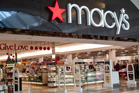 Famous Macy's. store with Christmas decorations at the mall during Christmas sales.