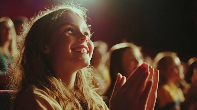A young girl is smiling and clapping her hands in a theater