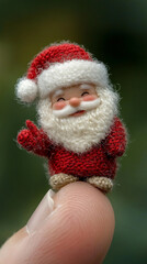 Obraz premium Festive miniature Santa Claus figurine joyfully waving on a person's fingertip with a blurred green background