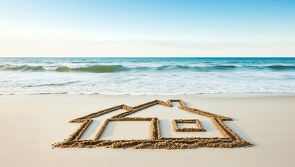 Fototapeta premium House Drawn On Sand By Sea 