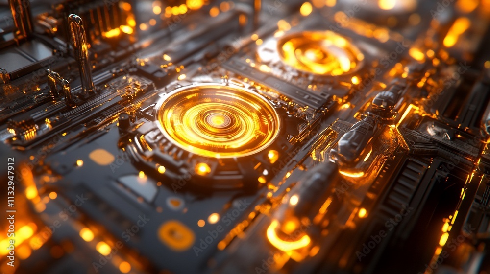 Poster futuristic glowing circuit board with intricate details.
