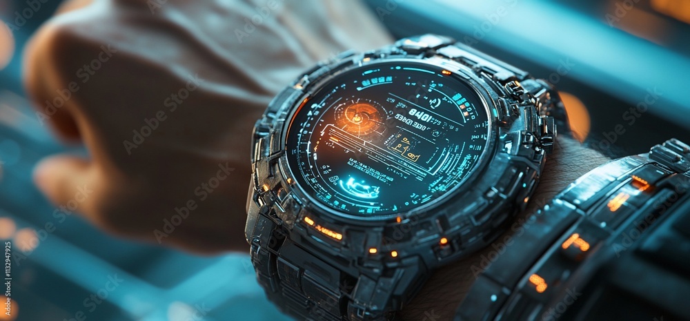 Poster close-up of a futuristic digital watch on a wrist, displaying intricate features.