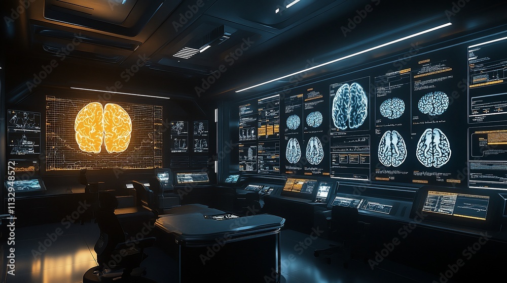 Poster Futuristic lab with brain scans and advanced technology displays.
