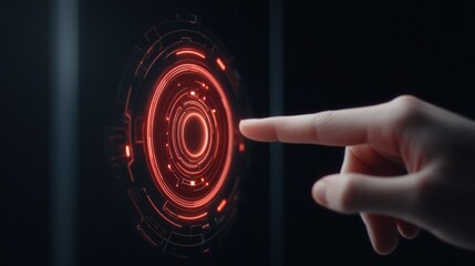 Register process security. A glowing red interface with a hand reaching towards a circular touchpoint, suggesting futuristic technology and interaction.