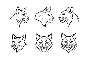 Obraz premium Various styles of a bobcat's logo, labeled line art low vector design illustration.