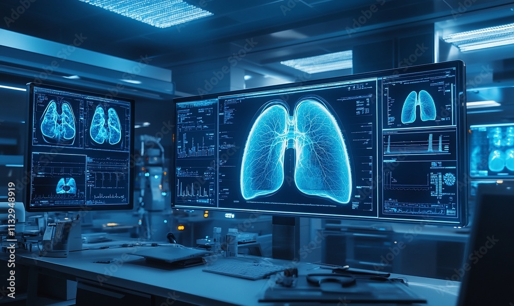 Aufkleber High-tech medical workspace displaying lung scans and health data analysis.