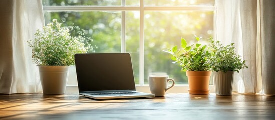 Fototapeta premium Laptop, plants, and coffee mug on a wooden desk by a sunny window.
