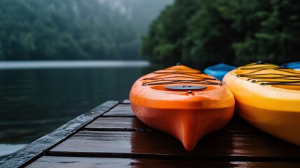 Two colorful kayaks rest on a dock beside a serene lake, surrounded by lush greenery and a misty atmosphere.