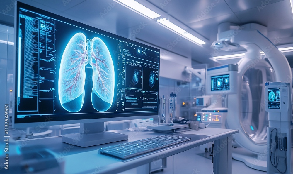 Poster High-tech medical imaging setup with lung scan visualization.
