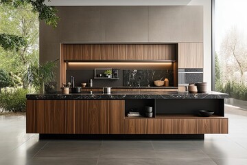 Modern kitchen, wood cabinetry, dark stone counters.