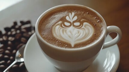 A beautifully crafted latte with intricate foam art, accompanied by coffee beans.