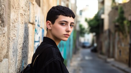 Obraz premium Woman with short hair is standing in front of a wall