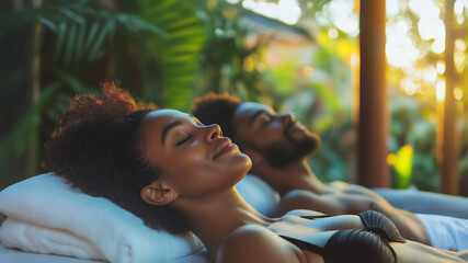 Portrait of African American couple enjoying luxurious spa treatment at tropical resort. Premium wellness experience with professional massage therapy. Concept of luxury relaxation, romantic getaway