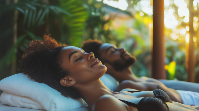 Portrait of African American couple enjoying luxurious spa treatment at tropical resort. Premium wellness experience with professional massage therapy. Concept of luxury relaxation, romantic getaway