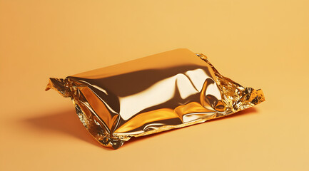 A shiny gold-wrapped package sits on a soft orange background, evoking a sense of luxury and anticipation.