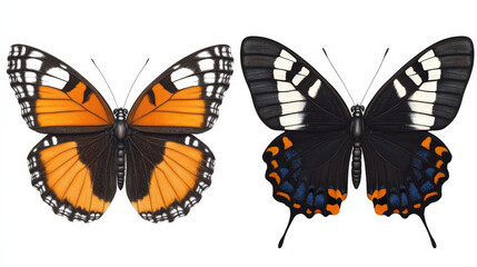 Two Beautiful Butterflies: A detailed illustration showcasing two vibrant butterflies, one with orange and black wings and the other with black and blue wings.