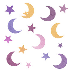 Space. Moon and stars. Pastel. Set of watercolor illustrations of the moon and stars. Children's illustration