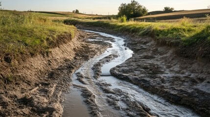 Fototapeta premium A winding stream flows through a dry, grassy landscape under a clear sky.
