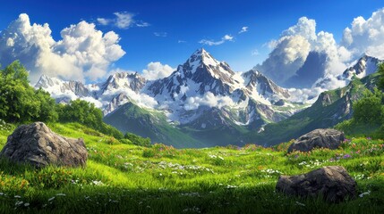 Fototapeta premium Majestic Mountain Landscape with Lush Greenery and Bright Clouds