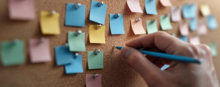 Close-up of hands organizing colorful note cards on a corkboard, habit tracking, showcasing a strategy for productivity and time management using visual task organization This image illustrates the