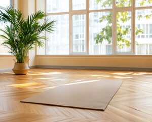 Fototapeta premium Create your calming space with this cozy home yoga setup, a perfect spot for stress management and improving balance and wellness Natural light streams in, illuminating the area where you can unwind