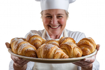 A skilled baker proudly holds a round platter filled with warm, flaky croissants, showcasing their golden brown layers. The baker smiles warmly, embodying the joy of baking and passion for delicious p