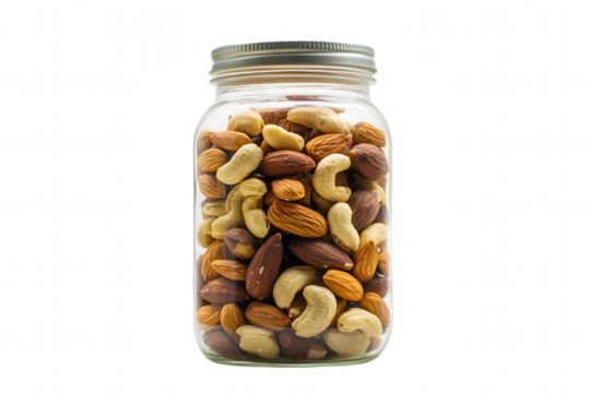 A clear glass jar filled with a blend of almonds, cashews, and other assorted nuts is displayed against a plain white background. This arrangement showcases the various textures and colors of the nuts