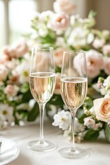 Two elegant champagne flutes beside a floral arrangement, suggesting a celebration.