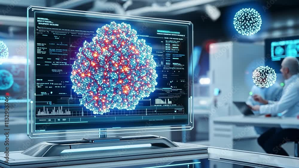 Poster biocomputer displays interactive model of complex viruses in high-tech laboratory setting