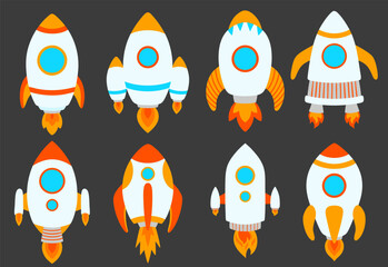 Kids rockets set of illustrations. Spacecraft types, jet, spaceship galaxy design for children