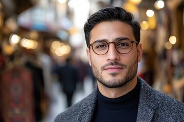 Obraz premium A charming man with glasses stands forward in a colorful market, surrounded by blurred figures and bright lights, showcasing the vibrancy of city life and human connection.