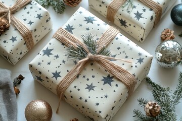 Fototapeta premium Flat lay of wrapped gifts with brown twine and silver stars on a white background, creating a festive and elegant atmosphere.