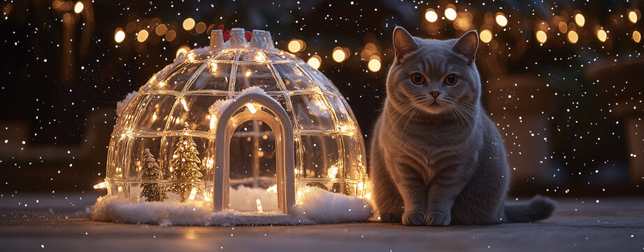 graceful British Shorthair cat sitting beside glowing igloo decorated with lights, surrounded by snowy atmosphere, creating cozy winter scene - Powered by Adobe