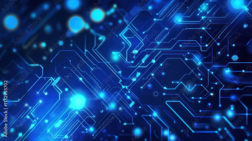 Fototapete abstract digital circuit design with glowing blue lights and intricate patterns.