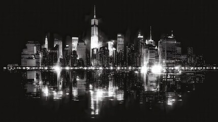 Obraz premium Stunning Black and White Nighttime Cityscape of a Vibrant Skyline Reflecting on Water with Bright Illuminations and Skyscrapers Towering Against a Dark Background