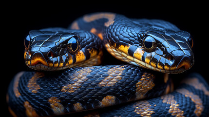 Fototapeta premium Two snakes intertwined in mesmerizing spiral, showcasing their vibrant scales and intricate patterns. contrast of colors creates captivating visual experience