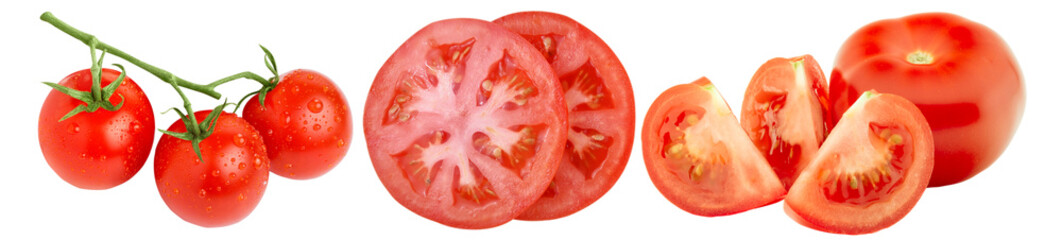 tomate en varias presentaciones tajado rebanado con tallo de planta tomate rojo asilado sobre fondo...