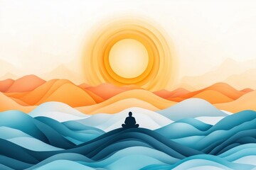 Find peace with this meditative mountain view featuring a silhouetted figure practicing mindfulness, an excellent tool for stress management This calming image encourages mindfulness awareness and