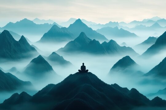 Find serenity with this meditative mountain view, where a silhouetted figure practices mindfulness Reduce stress and enhance awareness through natures beauty Explore this calm landscape and feel the - Powered by Adobe