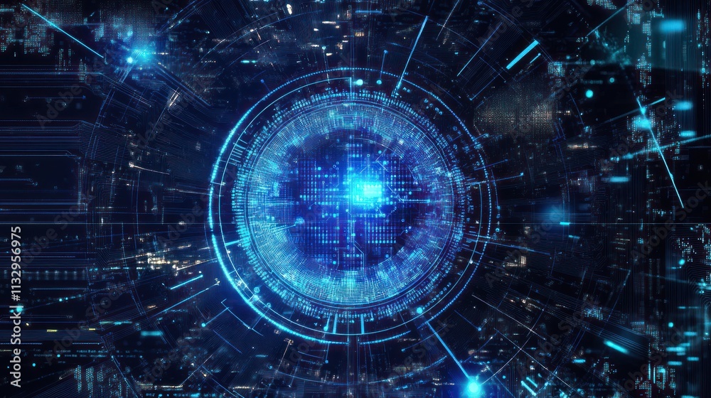 Poster abstract digital representation of a futuristic eye with glowing elements and data streams.