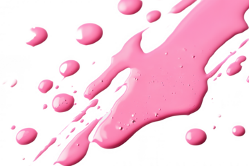 Vivid pink paint flows smoothly, creating an artistic splash on a clear surface. The droplets vary in size, adding dynamic energy to the bright color while maintaining an isolated and clean look.
